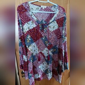 Velzera Multicolor Patchwork Lace-Up Large Blouse